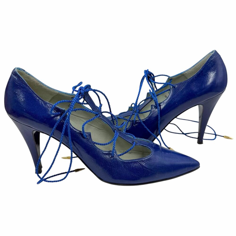 Vtg TOTAR Cobalt Blue Leather Lace Up Gladiator Heels Point Toe Pumps 8N 80s 90s